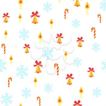 Seamless pattern with jingle bells with red bow, blue snowflakes, striped candies and candles with fire isolated on white. Endless texture with Christmas decorative elements vector illustration