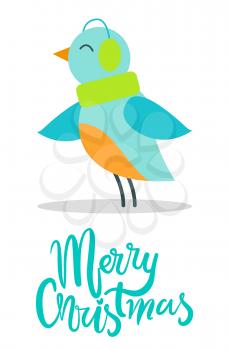 Merry Christmas greeting card with tiny bird with blue plumage in warm earpieces isolated vector illustration on white. Christmas animal in headgear.