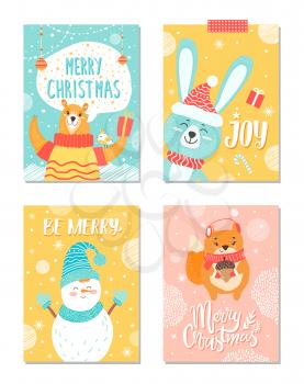 Merry Christmas and joy, collection of cards with images of bear holding present, toys above him, rabbit and snowman, squirrel on vector illustration
