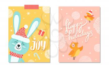 Happy holidays joy posters with smiling rabbit in hat and scarf, images of snowflakes, candy and present, singing birds on vector postcards set