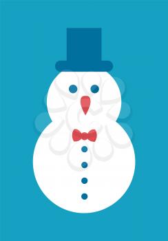 Snowman icon in cylindrical hat with bow and buttons decor vector illustration cartoon character isolated on blue background. Funny Christmas snowy man