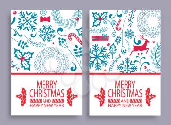 Merry Christmas and happy New Year, set of covers with titles and patterns, leaves and deer, candy and present, ball and snowflake vector illustration