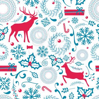 Christmas pattern that consist of lots of icon, candy and wreath with pine and berries, deers and presents, snowflakes isolated on vector illustration