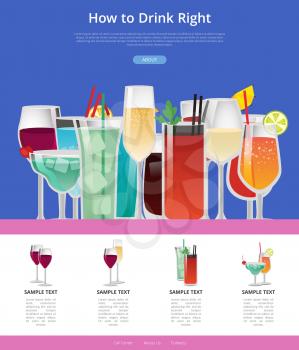 How to drink right manual web page design with decorated glasses with alcoholic cocktails. Vector illustration with room for web-site elements