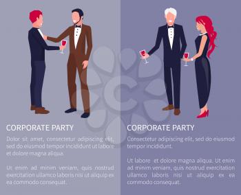 Corporate party visualization with two men chatting and woman and man having cocktails. Vector illustration with people at party on purple background