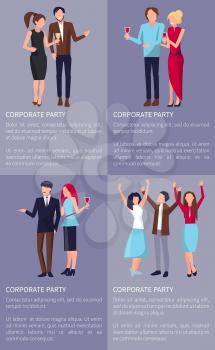 Corporate party set of four posters with colleagues at party with drinks. Background of vector illustration is dark or light purple