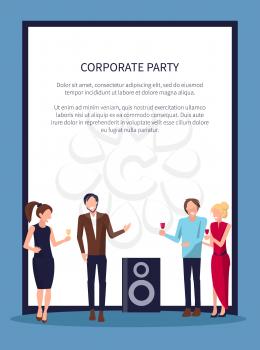 Corporate party, four persons drinking red wine and having good time at disco club on vector illustration isolated on white frame with place for text