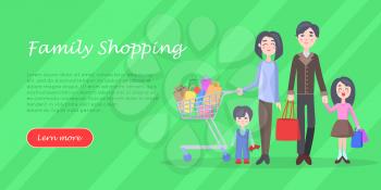 Family shopping banner. Young man and woman make purchases with kids cartoon flat vector illustration isolated on white background. Father and mother buying gifts on holiday sale with son and daughter
