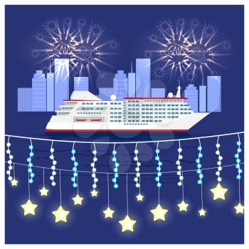Festival on cruise liner visualization with large ship on water and fireworks on night sky. Vector illustration of boat on city background with buildings