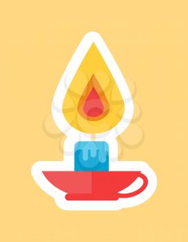 Burning candle in red cap in white framing vector isolated on beige background. Wax object with flame, Christmas sticker icon in cartoon style
