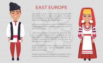East europe costumes, woman wearing embroidered with red threads dress, man with hat on vector international day poster ethnic people with text