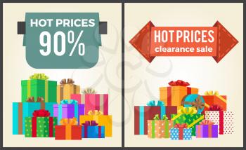 Hot prices total final sale discounts promo labels percent off signs on banners with piles of present boxes in decorative wrapping paper vector set