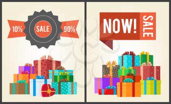 Sale from 10 to 90 buy now promo labels with piles of gift boxes vector illustration posters with mountains of presents in decorative paper