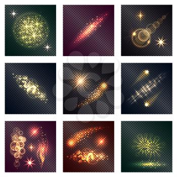 Different color lighting effects nine shiny icons on dark transparent background. Golden circles and sparkling stars with glitter vector illustration.