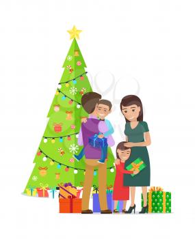 Happy family at Christmas celebrating together, evergreen pine tree with presents, mother and father, son and daughter are excited vector illustration