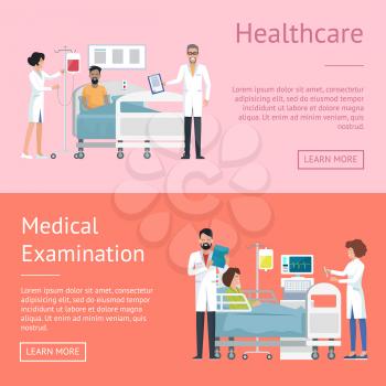 Healthcare and medical examination, pictures depicting doctor and nurse caring for patient after operation, web page vector illustration