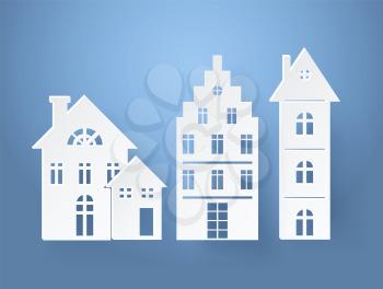 Paper silhouettes of buildings isolated in light blue background. Vector illustration with tree tall white buildings with wide windows and big chimneys