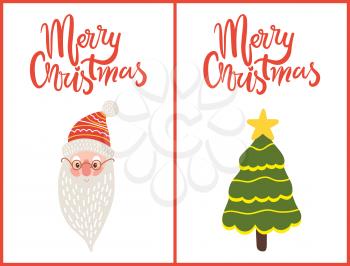 Merry Christmas greeting cards with happy Santa Claus face and green decorated tree isolated on white background vector illustration text postcards