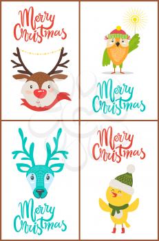 Merry Christmas, reindeers with horns, owl wearing hat and scarf and holding Bengal light, singing bird and headlines sample on vector illustration