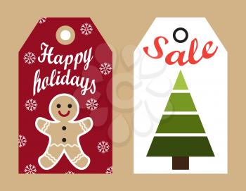 Happy holidays sale labels hanging promo stickers with gingerbread boy and abstract New Year tree vector illustration ready to use adverts