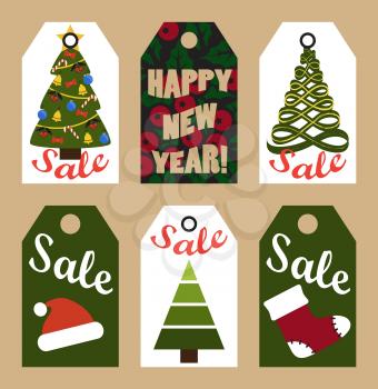 New Year Sale cardboard tags with decorated trees, red hat, knitted sock and holly plant with thick sign vector illustrations set on white background.