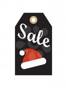 Sale hanging badge with red Santa Claus hat advert promo label tag vector illustration in holiday shopping concept, ready sticker isolated on white