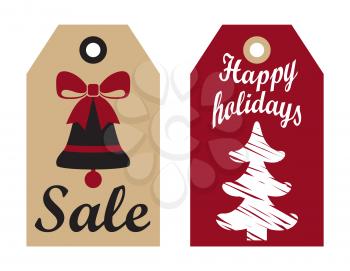 Sale happy holidays advertisement ready to use hanging labels with Christmas trees, and bell on bow vector illustration promo stickers info discounts