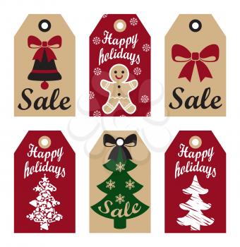 Happy holidays sale promo labels with gingerbread boy, red bells bow and abstract tree, symbols of Christmas and New Year vector tags advert discounts