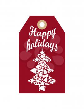 Happy holidays promo label with silhouette of New Year tree made of Christmas symbols, greeting tag abstract doodle white spruce on burgundy backdrop