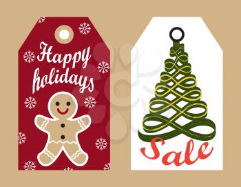 Happy holidays sale vector illustration ready to use adverts. Labels hanging promo stickers gingerbread boy on snowflakes and abstract New Year tree