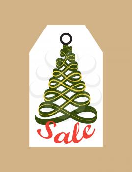 Sale promo tag with evergreen tree made of abstract ribbon, promo label in Christmas and New year concept vector illustration commercial cardboard