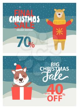 Final Christmas sale 70 and up to 40 off, banners with titles and bear in red sweater with stretched paws, puppy with smile on vector illustration