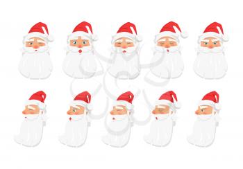 Set of different emotions from old Santa Claus on white background. Vector illustration of front and profile man s faces showing various kinds of human moods through nonverbal communication.