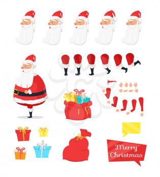 Set of different nice icons from Santa Claus. Kinds of presents for children all around world. Close and open enormous red bags. Vector illustration of several angles of arm and leg. Emotions on face.