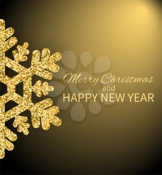 Merry Christmas and Happy New Year greeting poster with glittering snowflake half view, sparkling gold element on golden background vector banner