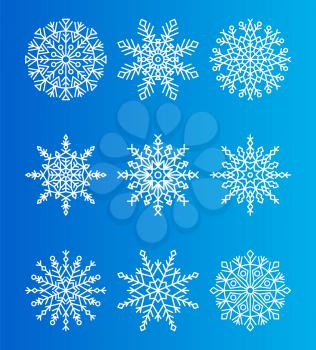 Snowflakes unique ice crystals ornamental patterns of different shapes vector illustration isolated on blue, small parts of snow, snowballs set