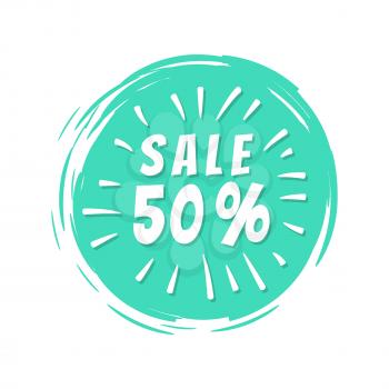 Sale 50 inscription on blue painted spot with brush strokes vector illustration isolated on white background, half price discounts label design