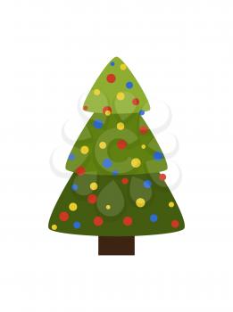 Tree icon symbol of Christmas holiday with colorful round balls, gruun branches and brown trunk isolated on white background vector illustration