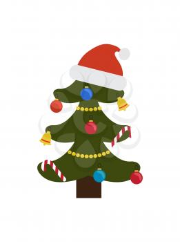 Christmas tree ornated with toys in forms of candies and bells, balls and garlands, big red hat of Santa Claus placed on its top vector illustration