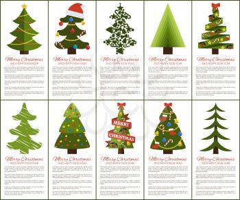 Merry Christmas and happy New year greeting cards, set of posters with text and types of decorated Xmas trees with balls and garlands, abstract vector