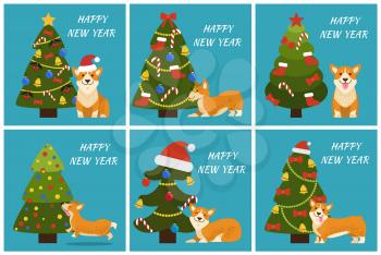 Happy New Year postcards design winter 2018 concept, greeting cards with playful corgi dog and decorated Christmas trees with balls and garlands,