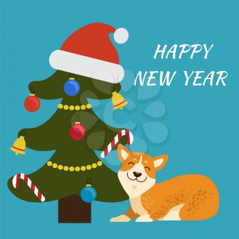 Happy New Year banner with smiling dog of beige and white color and decorated Christmas tree with balls, garlands and Santa s hat vector illustration