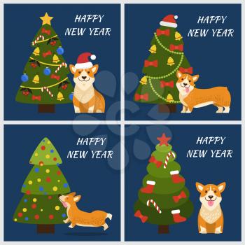 Happy New Year greeting cards with playful corgi dog and decorated Christmas trees with balls and garlands, postcards design winter 2018 concept