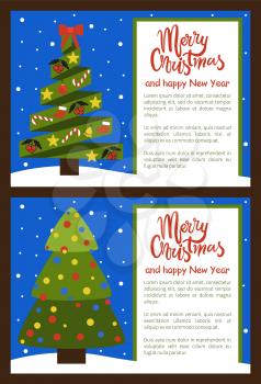 Merry Christmas and Happy New Year posters set, trees made of ribbons, decoration elements stars and candies, balls and mistletoe, sock isolated vector