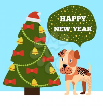 Happy New Year congratulations from cartoon pink spotted dog near decorated Christmas tree topped by Santa hat, with garlands, red bows and gold bells