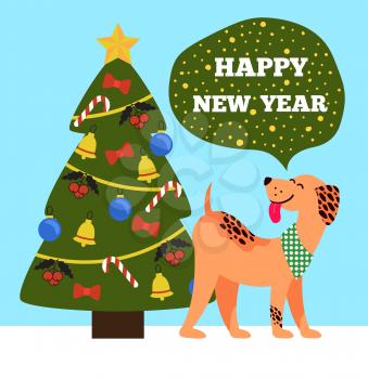 Happy New Year banner with beige dog showing tongue standing near decorated Christmas tree with red bows, golden garlands and bells topped by star vector
