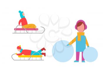 Childrens winter activities, kids dressed in hats, coats and scarf with mittens sitting and lying on sled, girl with balls of snow vector illustration