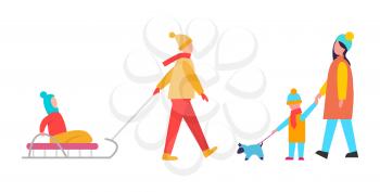 Family activities during wintertime, mommy with son walking dog wearing blue sweater, mother carries kid sitting on sled, vector illustration