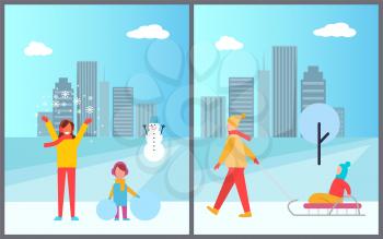 Family winter activities in city, woman with snowflakes and girl with balls of snow, snowman and kid on sled on cityscape vector illustration
