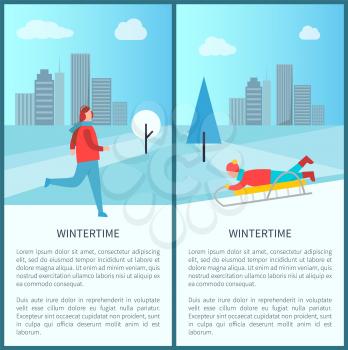 Wintertime activities banner with jogging and sledding men in city park. Vector illustration with active people having fun on snowy urban background